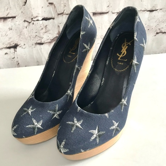 YSL YVES SAINT LAURENT Starfish Print Canvas Platform Wedge Size 9.5 US  EU 39.5 - Picture 7 of 13